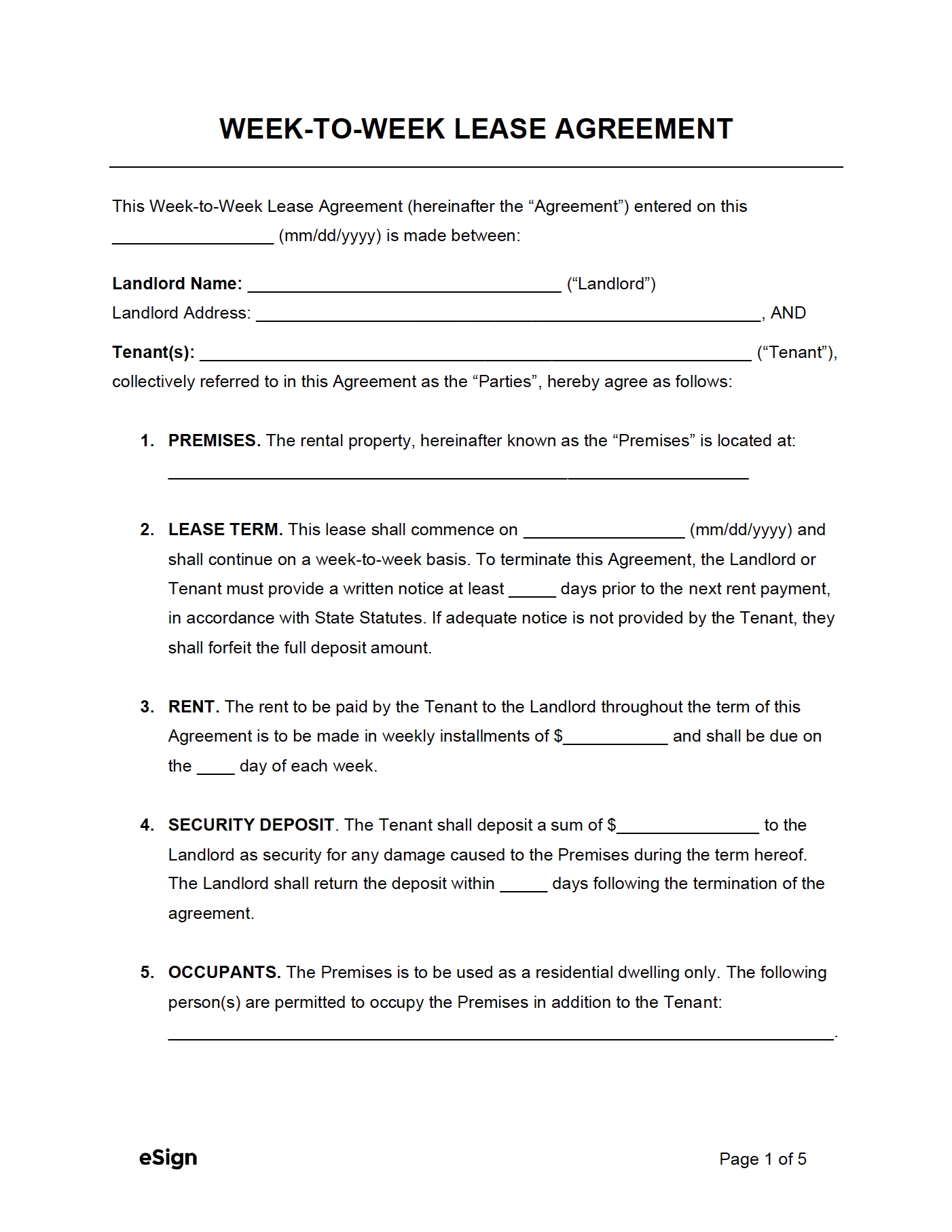 free weekly week to week rental agreement template pdf word