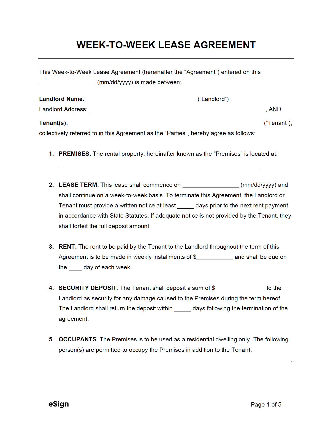 Free Weekly Week to Week Rental Agreement Template PDF Word