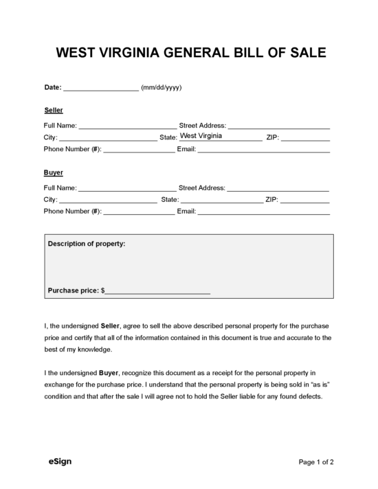 Free West Virginia Bill Of Sale Forms Pdf 7582