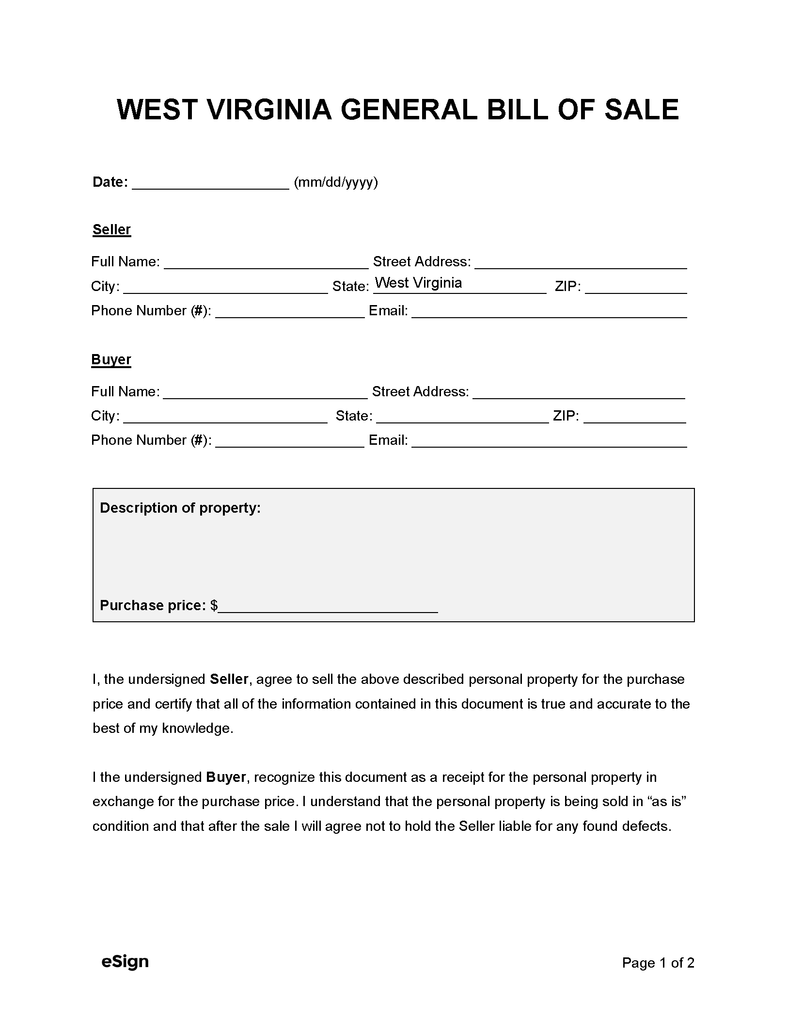 Free West Virginia General Bill Of Sale Form PDF Word