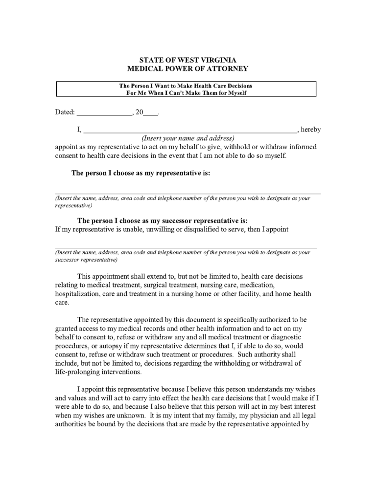 Free West Virginia Medical Power of Attorney Form | PDF