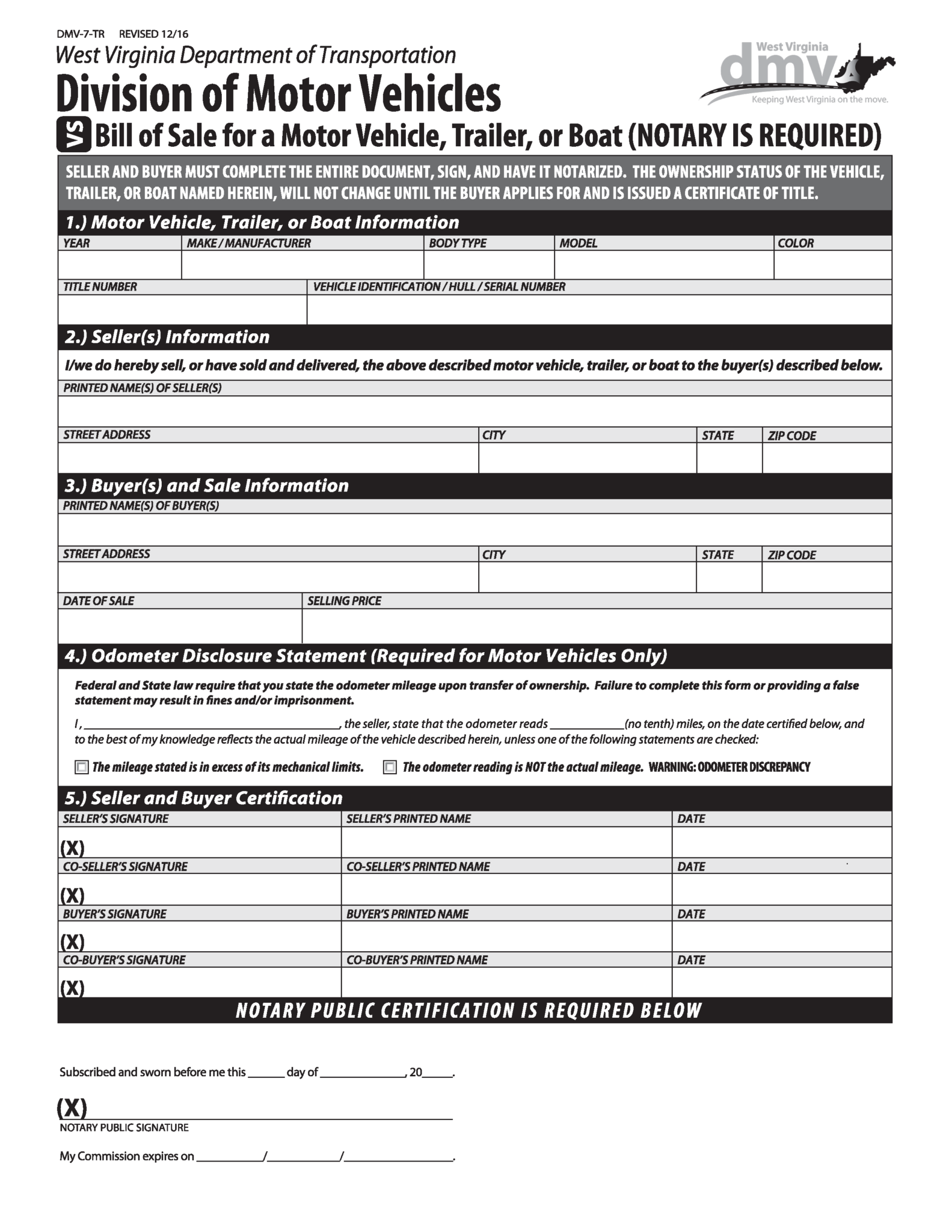 Free West Virginia Motor Vehicle Bill Of Sale Form Pdf 7017