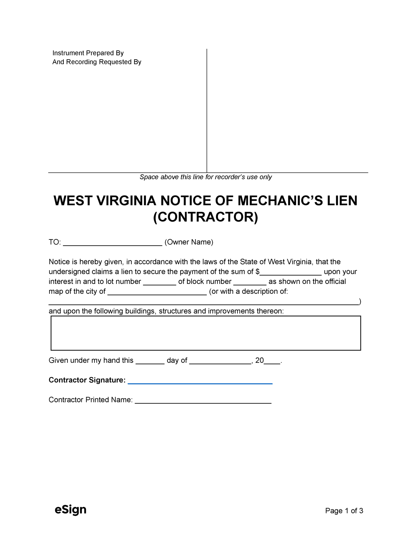 Free West Virginia Mechanic's Lien Form PDF Word