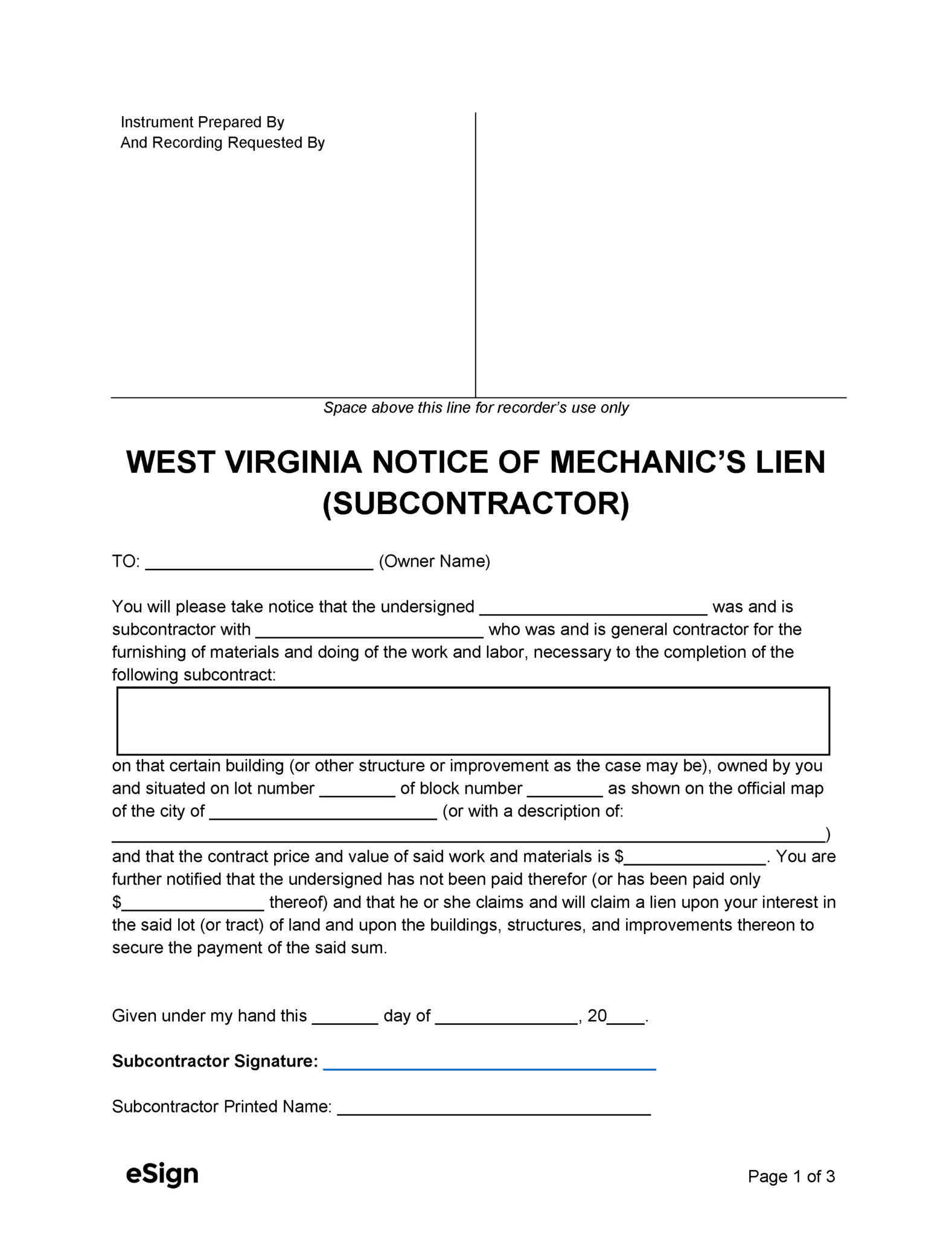 Free West Virginia Mechanic's Lien Form PDF Word