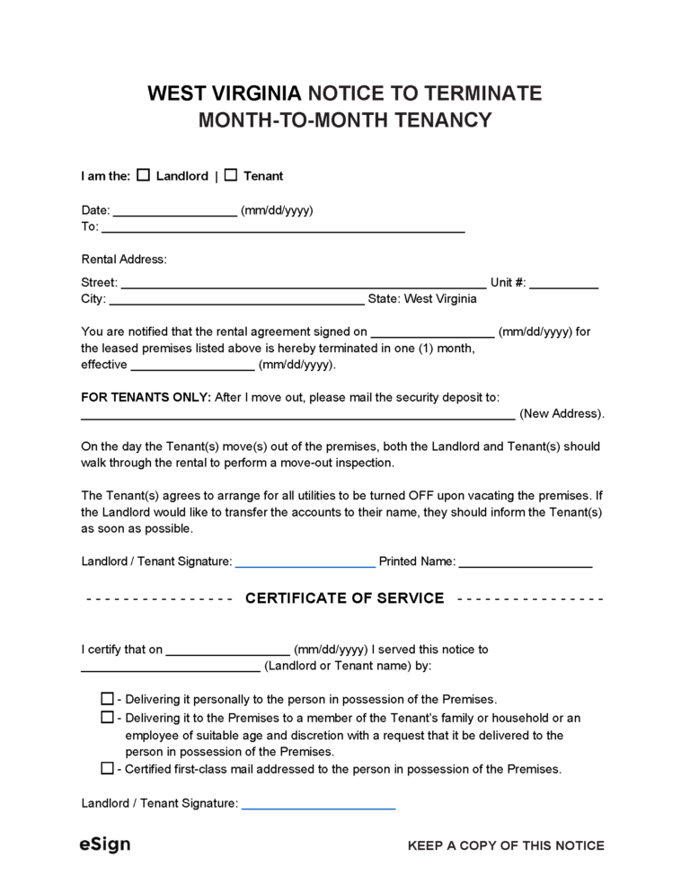 Free West Virginia 1Month Notice to Quit Lease Termination Letter