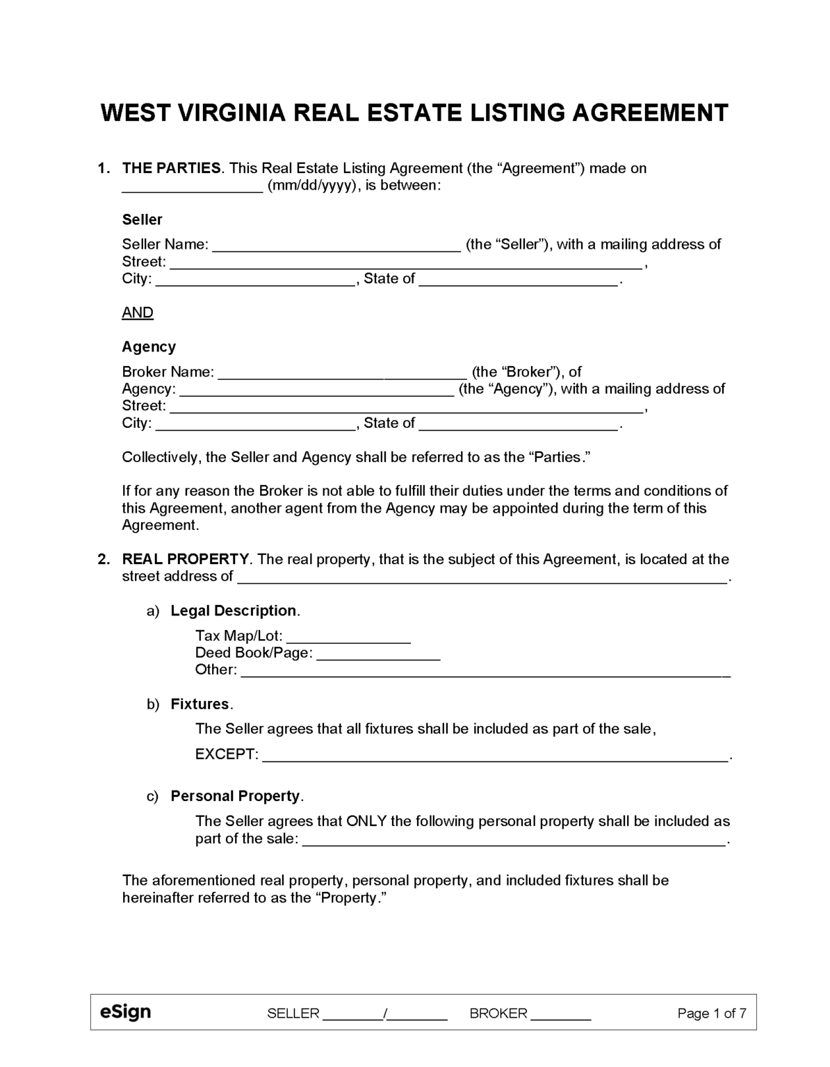 Free West Virginia Real Estate Listing Agreement PDF Word