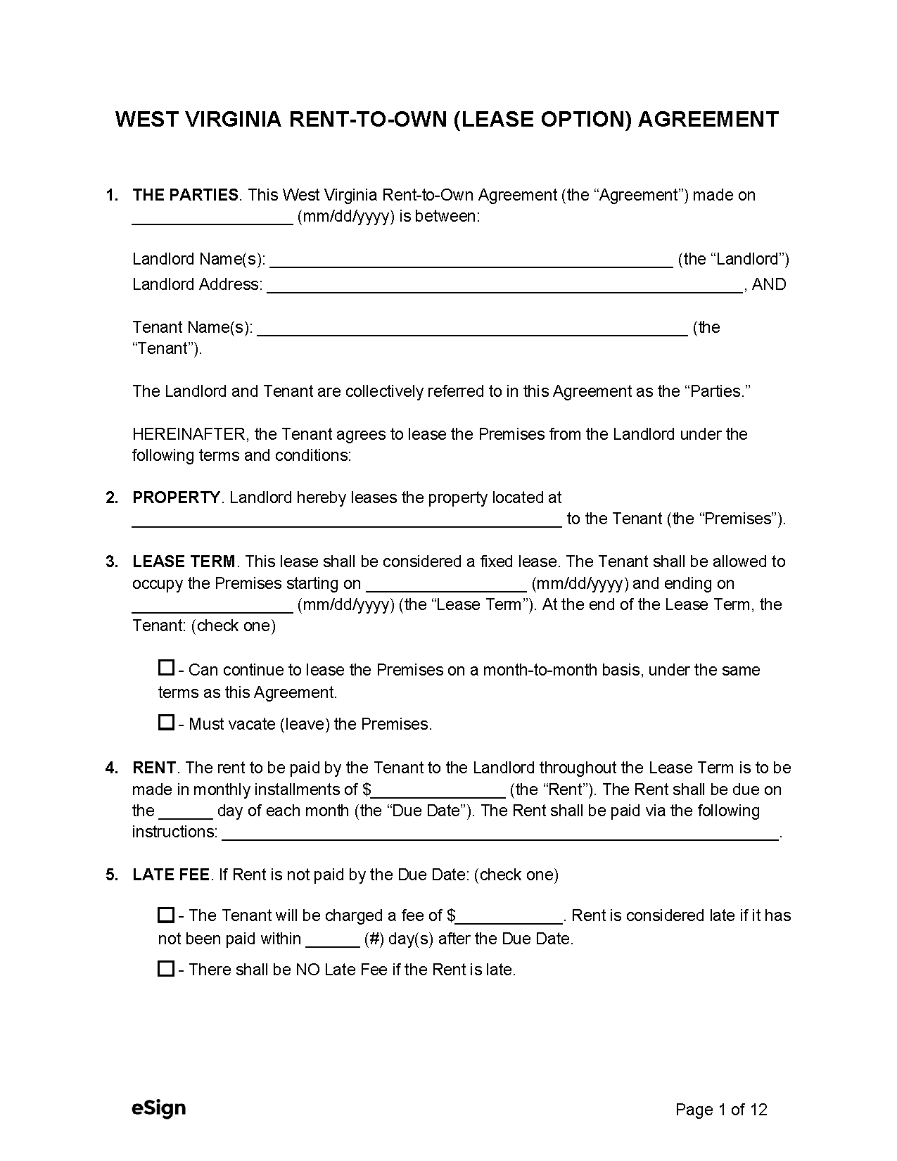 Free West Virginia Rent to Own Lease Option Agreement PDF Word