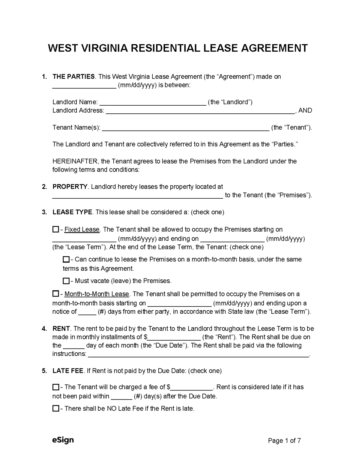 Free West Virginia Rental Lease Agreement Templates (6) PDF Word