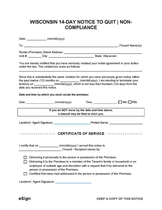 free wisconsin eviction notice templates laws pdf word