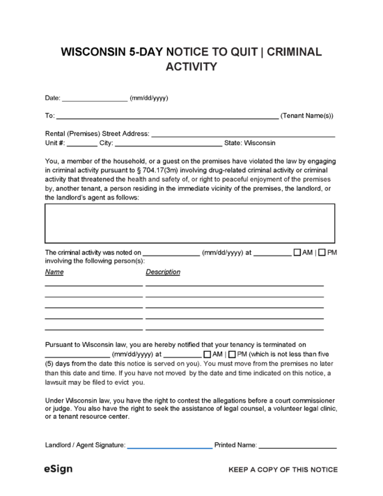 free wisconsin eviction notice templates laws pdf word