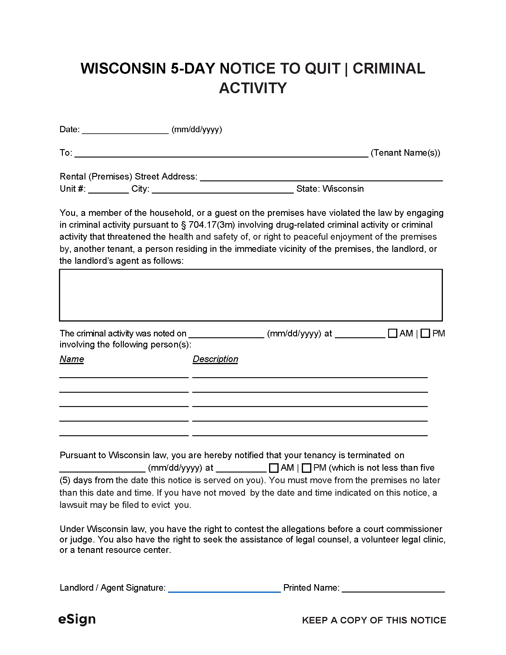 Free Wisconsin 5 Day Notice To Quit Criminal Activity PDF Word