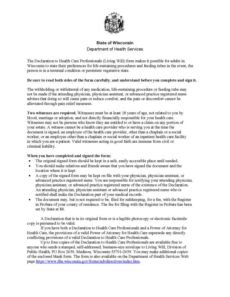 Free Wisconsin Living Will Form | PDF
