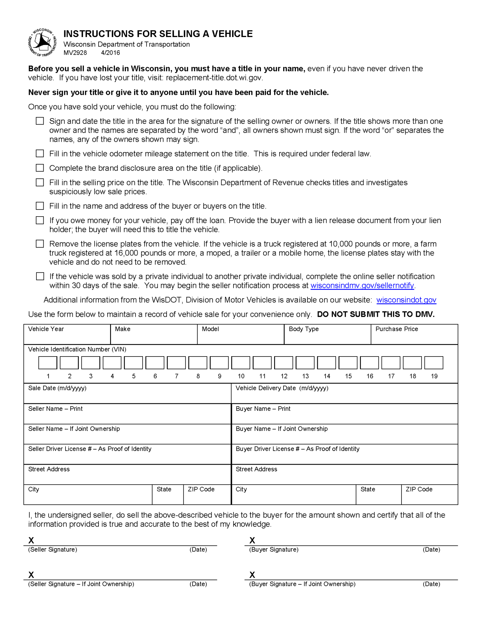 Free Wisconsin Bill of Sale Forms - PDF | Word