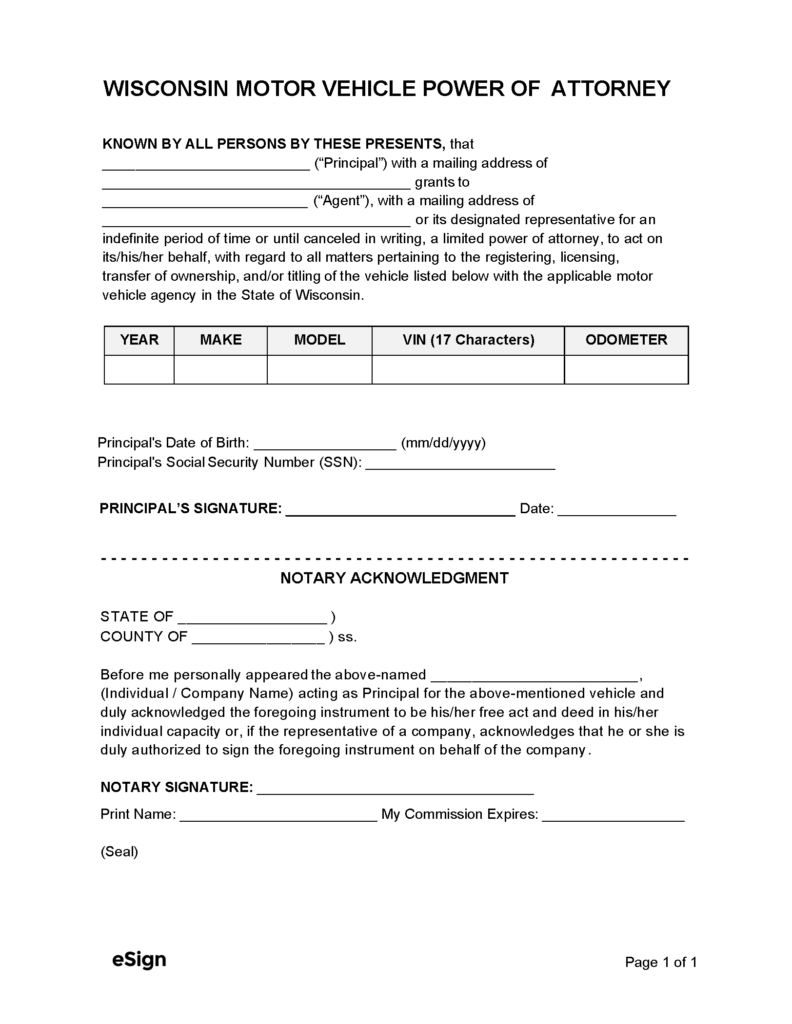 Free Wisconsin Motor Vehicle (DMV) Power of Attorney Form | PDF | Word