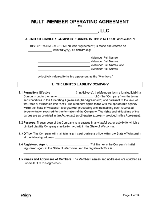 Free Wisconsin LLC Operating Agreement Template PDF Word