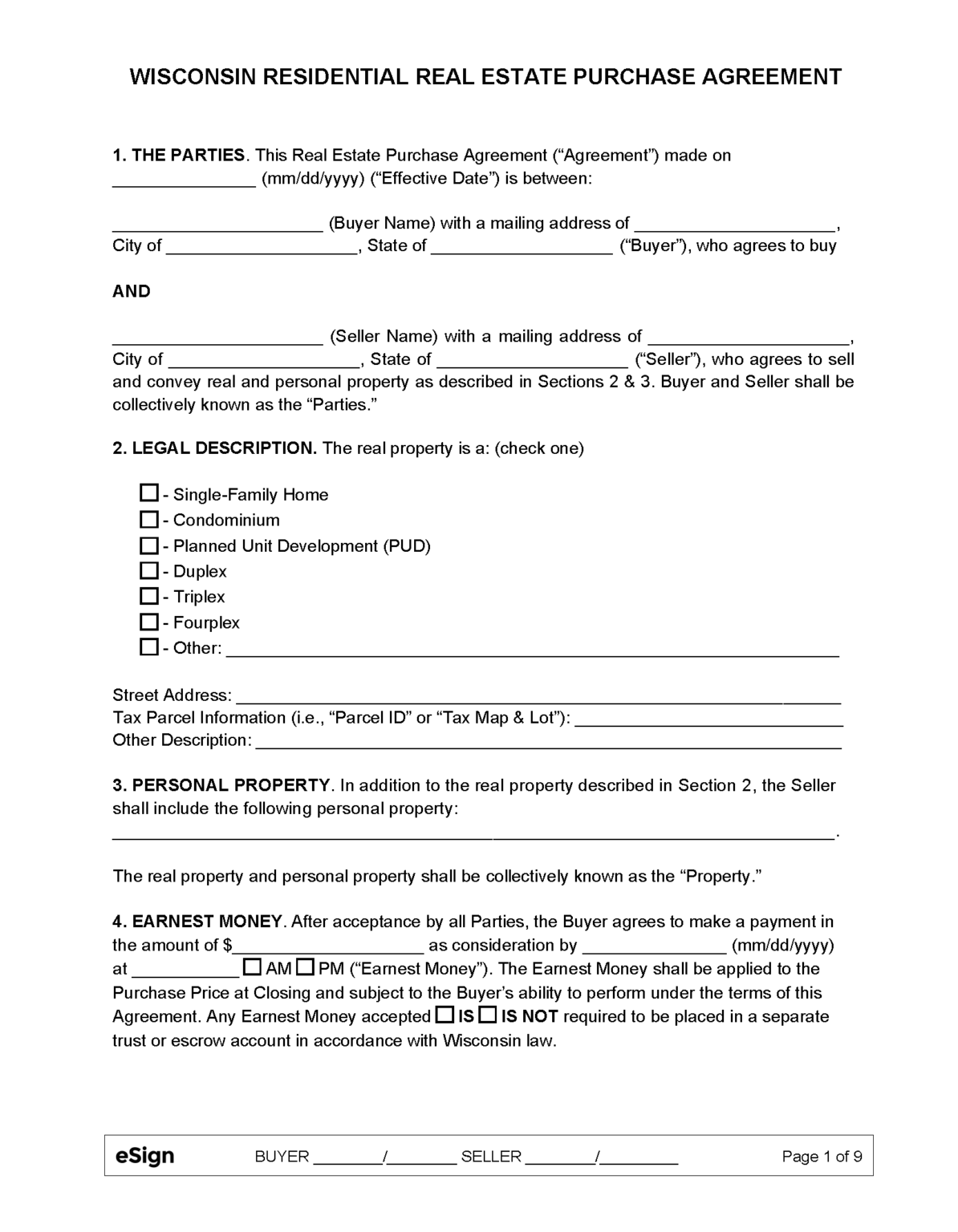 Free Wisconsin Residential Purchase and Sale Agreement PDF Word