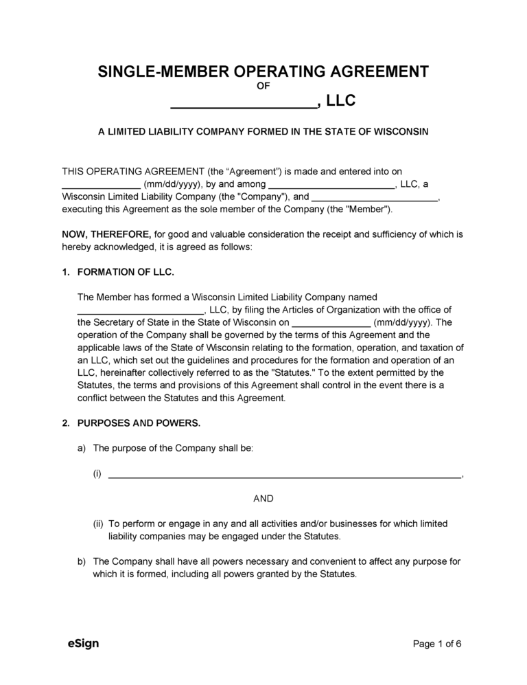 Free Wisconsin LLC Operating Agreement Template | PDF | Word