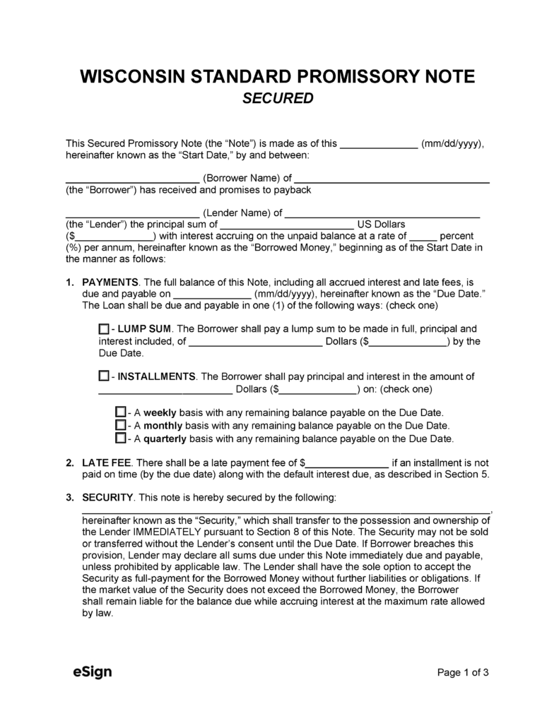 Free Wisconsin Secured Promissory Note Template Pdf Word 6967