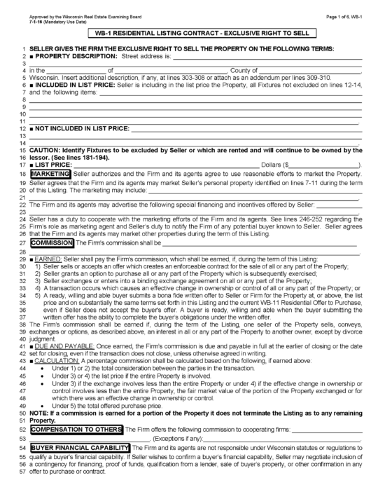 Free Wisconsin Real Estate Listing Agreement PDF Word