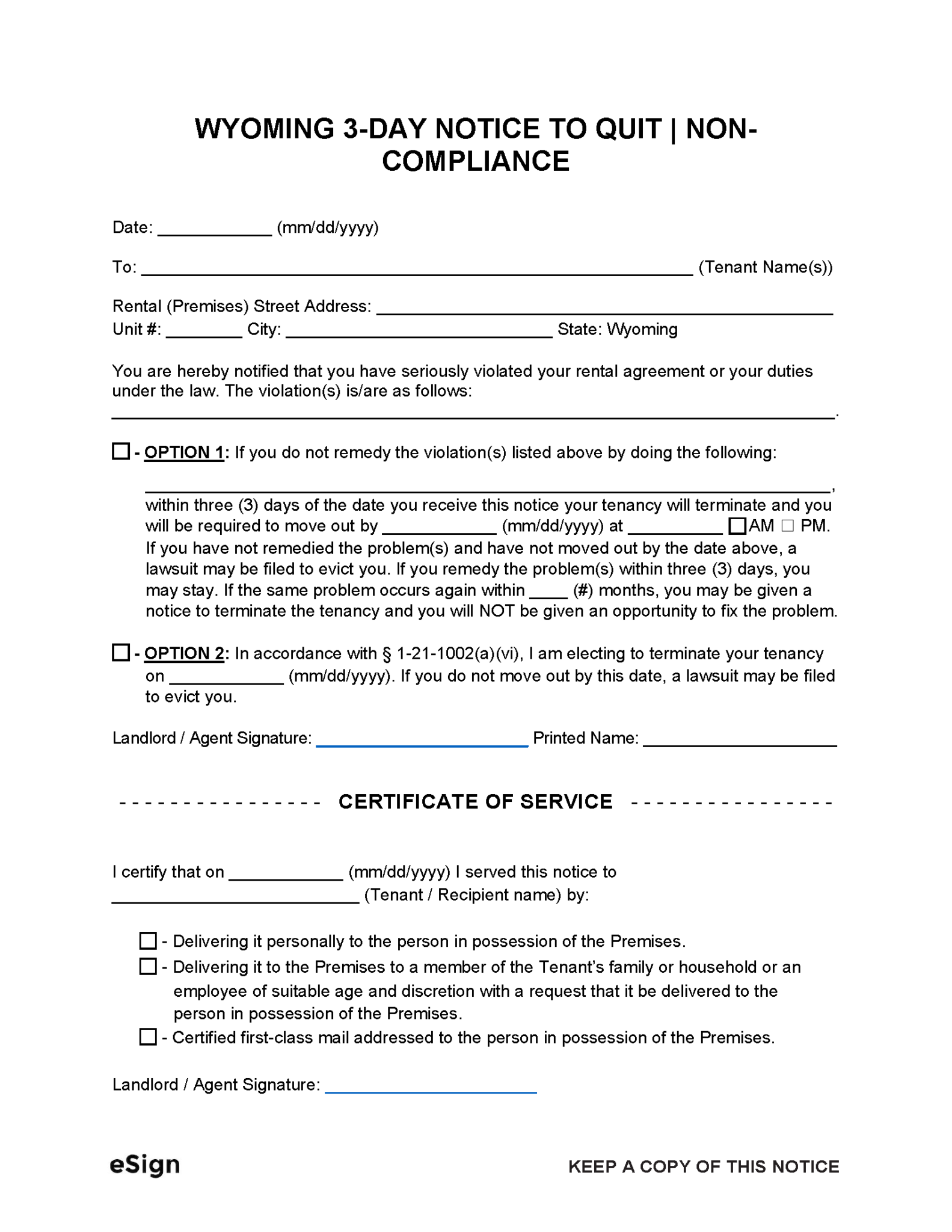 Free Wyoming 3-Day Notice to Quit | Non-Compliance | PDF | Word