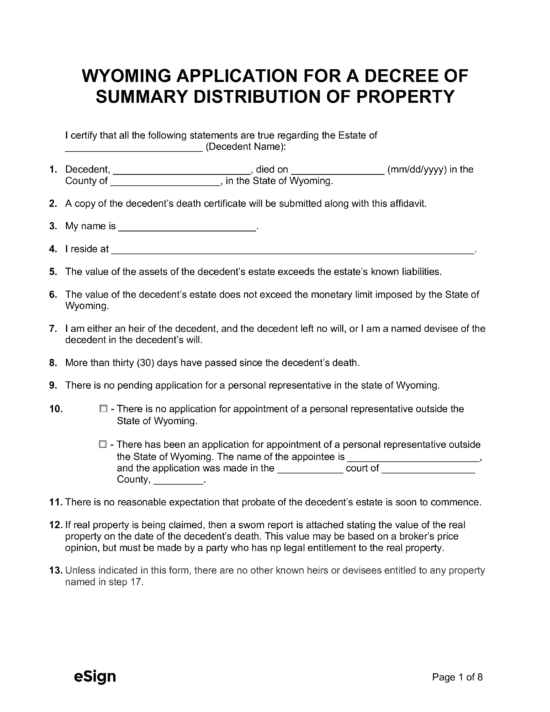 Free Wyoming Small Estate Affidavit Form PDF Word