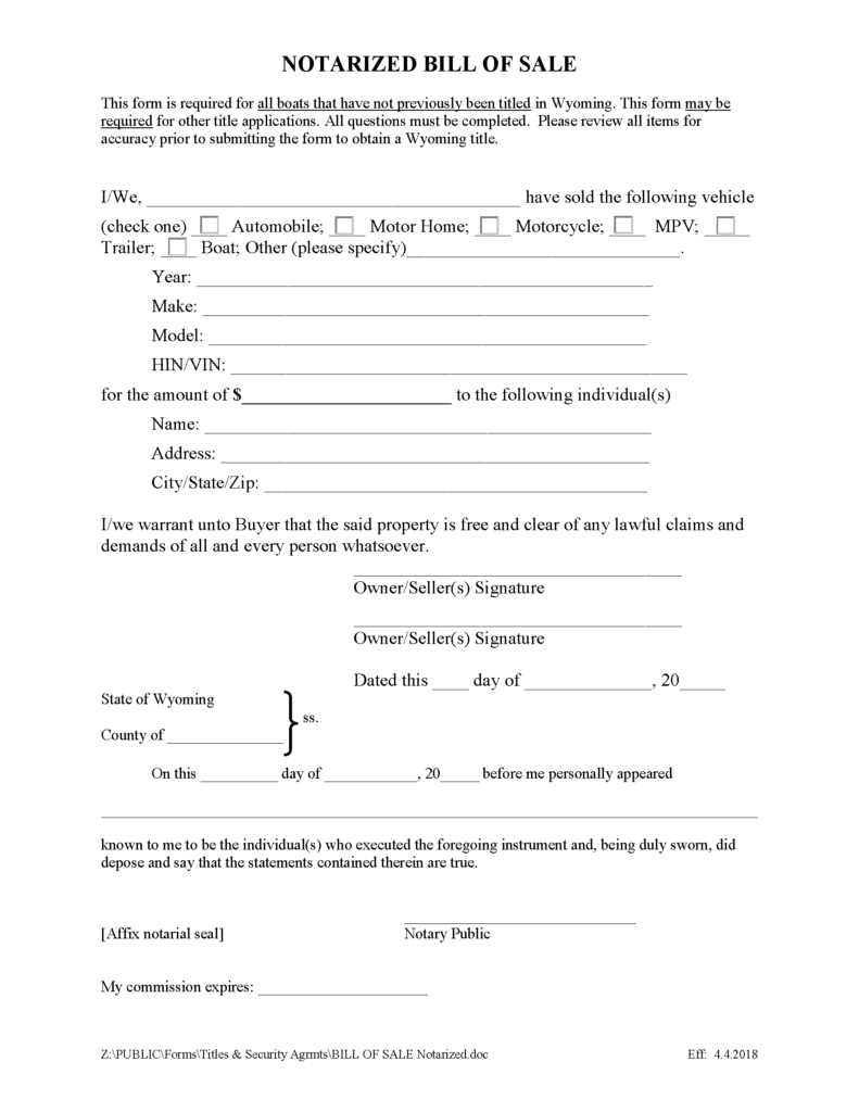 Free Wyoming Boat Bill of Sale Form | PDF