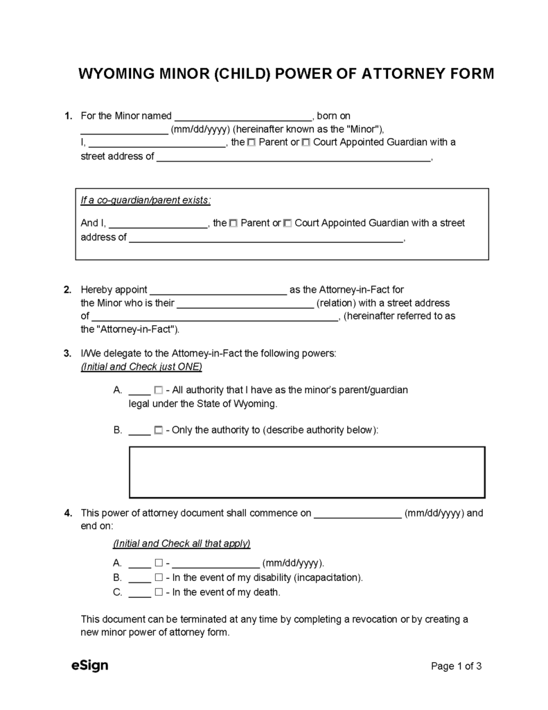 Free Wyoming Minor (Child) Power of Attorney Form | PDF | Word