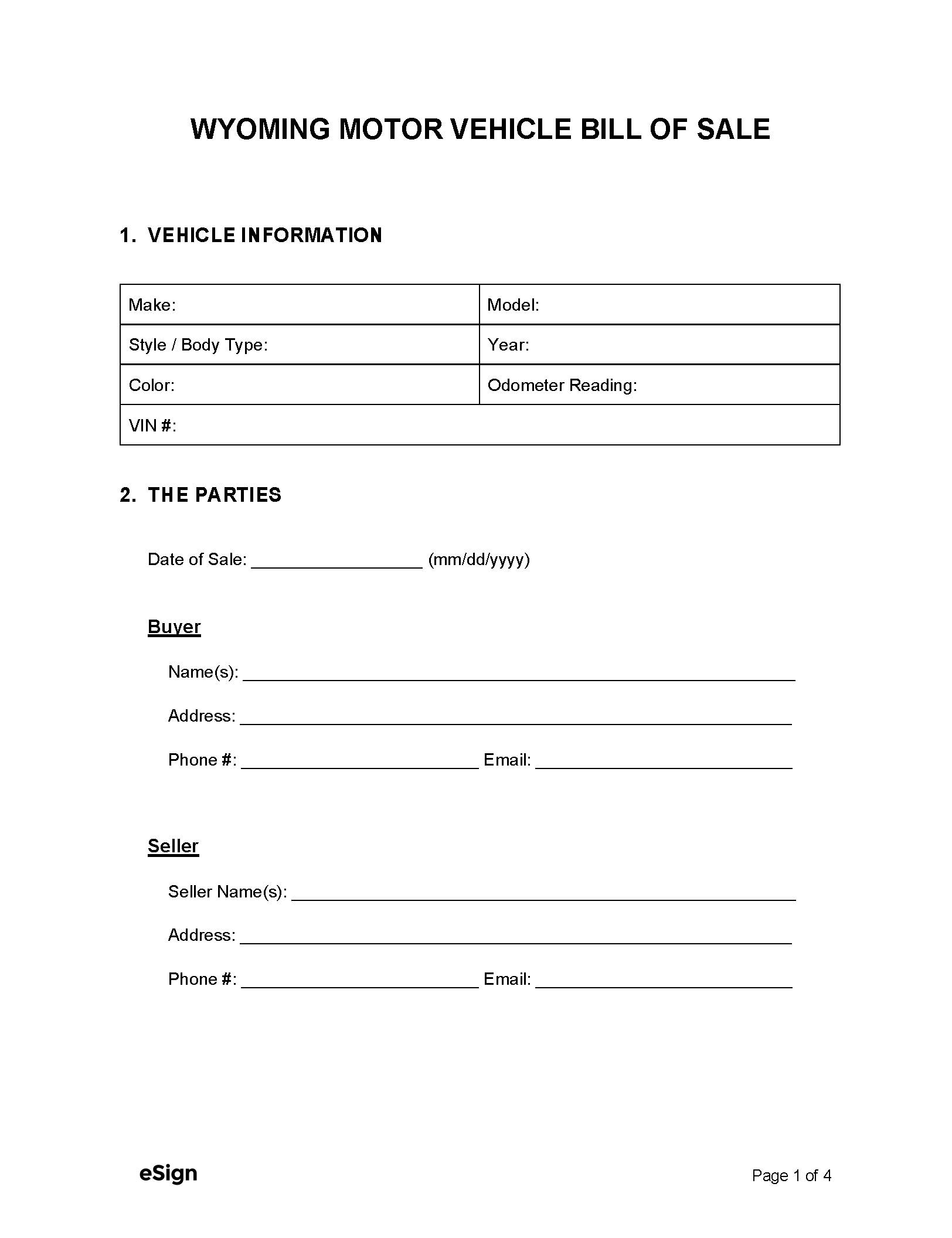 Free Wyoming Motor Vehicle Bill of Sale Form - PDF | Word