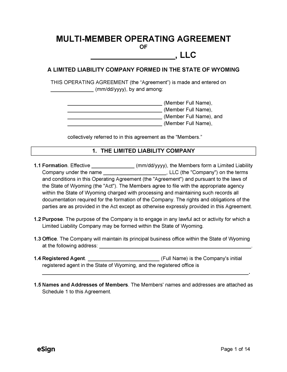 Free Wyoming Multi Member LLC Operating Agreement Form PDF Word