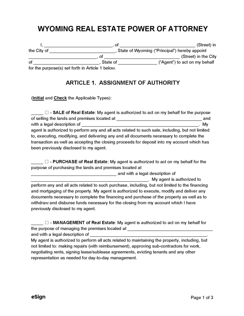 Free Wyoming Real Estate Power of Attorney Form PDF Word